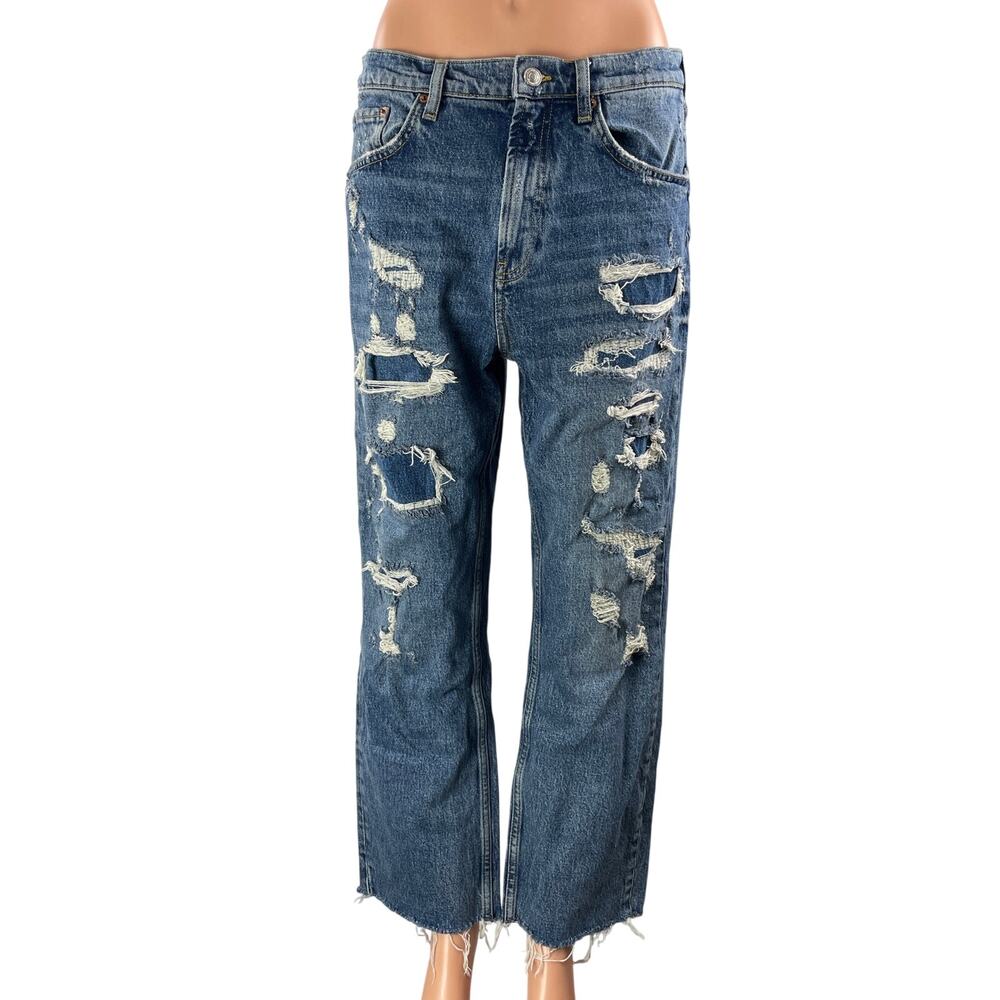 Zara Women's Blue Distressed High Waisted Wide Leg Baggy Denim Jeans Size 10
